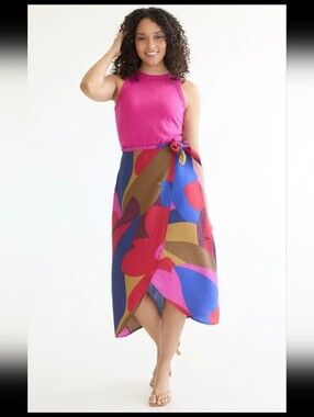 Reitmans Bold Abstract Floral Wrap Midi Skirt in Multi Pink & Blue Summer